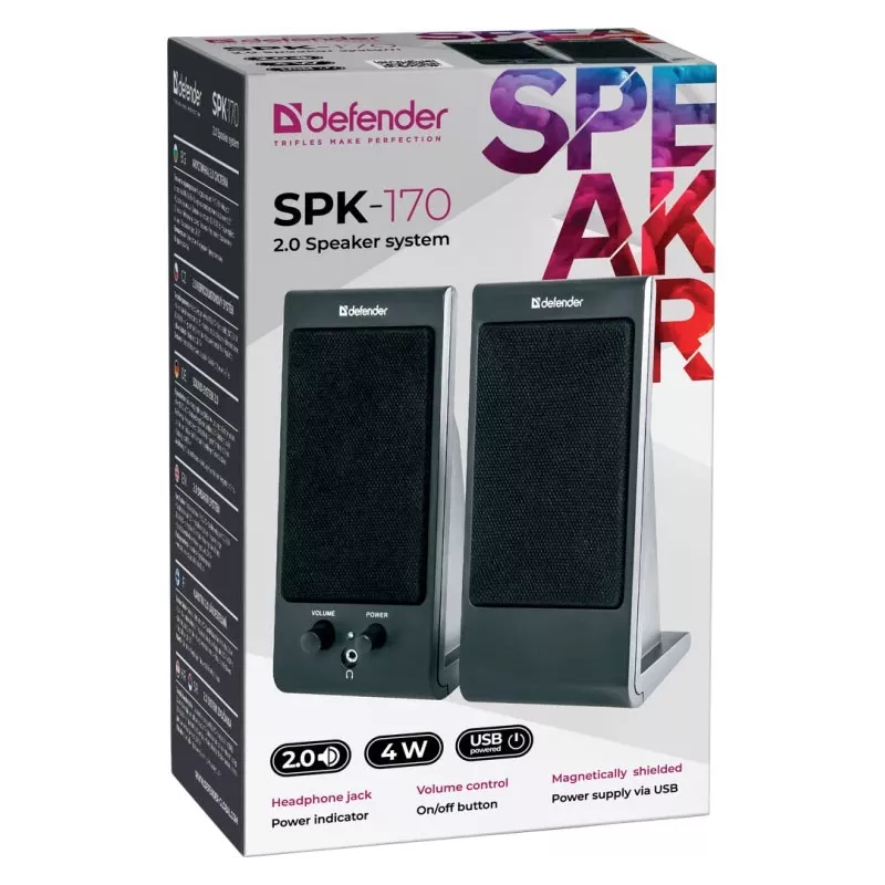 Desktop-/Regallautsprecher DEFENDER SPK-170 2.0, 4 W RMS, kabelgebunden USB 5 V, 3,5 mm, schwarz