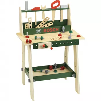 Holzwerkbank für Kinder Theo Klein Bosch Modell 8169 mit mittelgroßer Kiefernholz-Arbeitsplatte und Spielwerkzeugen