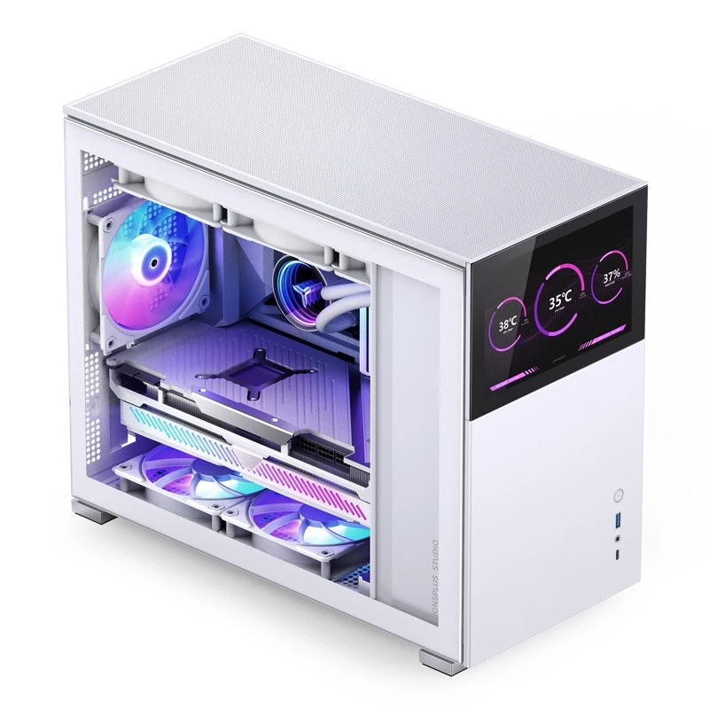 PC-Gehäuse Jonsbo D31 STD Weiß — Midi Tower, Stahl, gehärtetes Glas, Micro-ATX/ITX/DTX, 2×2,5 Zoll + 1×3,5 Zoll, GPU bis zu 400 mm, CPU-Kühler 168 mm