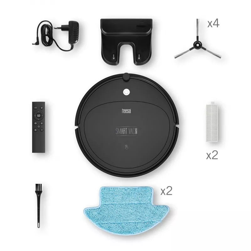 Roboterstaubsauger TEESA Smart VAC 2 — rund, schwarz, 1000 Pa Saugleistung, 9,6 V/2000 mAh Li-Akku, 0,2 l Staubbehälter, WLAN, automatische Rückkehr