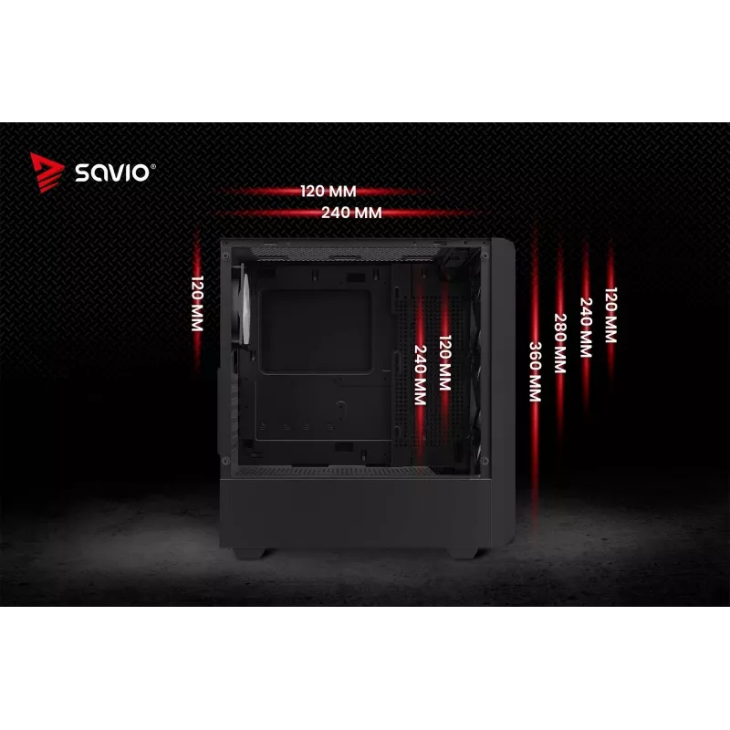 PC Cube Gehäuse SAVIO Noctis Glass RGB — Schwarz, ATX/Micro-ATX, 210×410×450 mm, 3×120 mm Frontlüfter