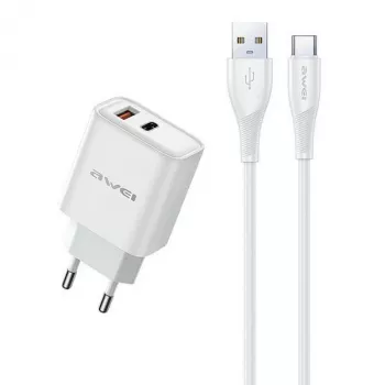 Awei Netzteil PD81T-EU 22,5W mit USB-Kabel und USB-C, weiß, GaN