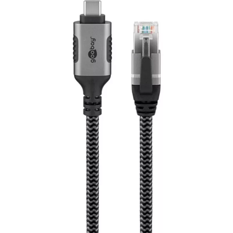 Ethernet-Kabel USB-C 3.2 Gen2 Stecker > RJ-45 Stecker, LAN-Adapter schwarz/Silber, 1,5 Meter, geflochtene Textilummantelung