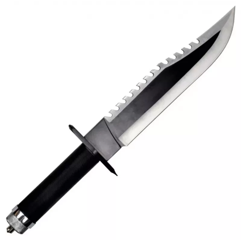 Feststehendes Überlebensmesser Cinema Classic CC-H2 — 400 mm Gesamtlänge, 250 mm Stahlklinge, glatt und gezahnt, schwarzer Griff, inklusive Lederscheide