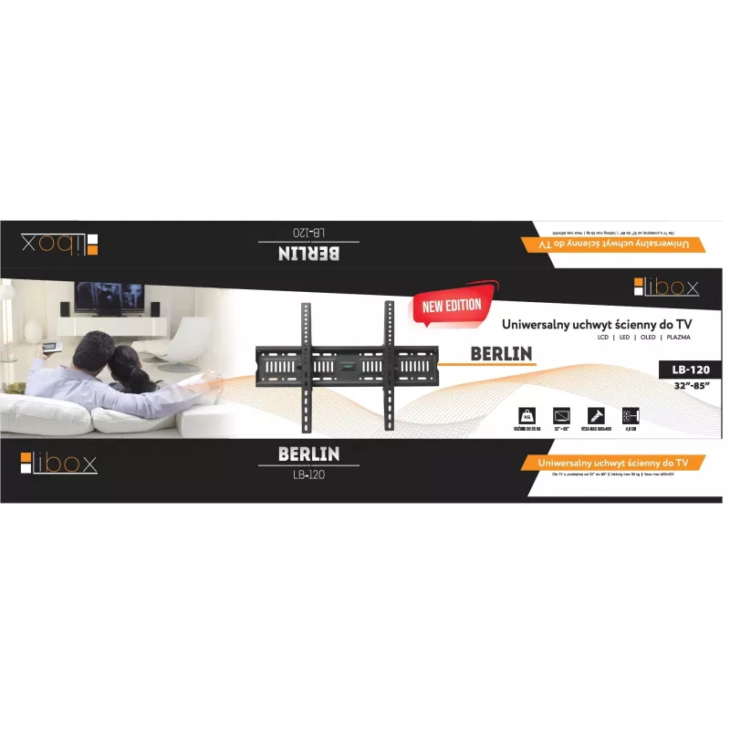 Wand-TV-Halterung LIBOX LB-120 für 32–85 Zoll (81,3 cm–2,16 m), bis zu 55 kg, VESA 200x200–600x400, neigbar, Stahl, schwarz