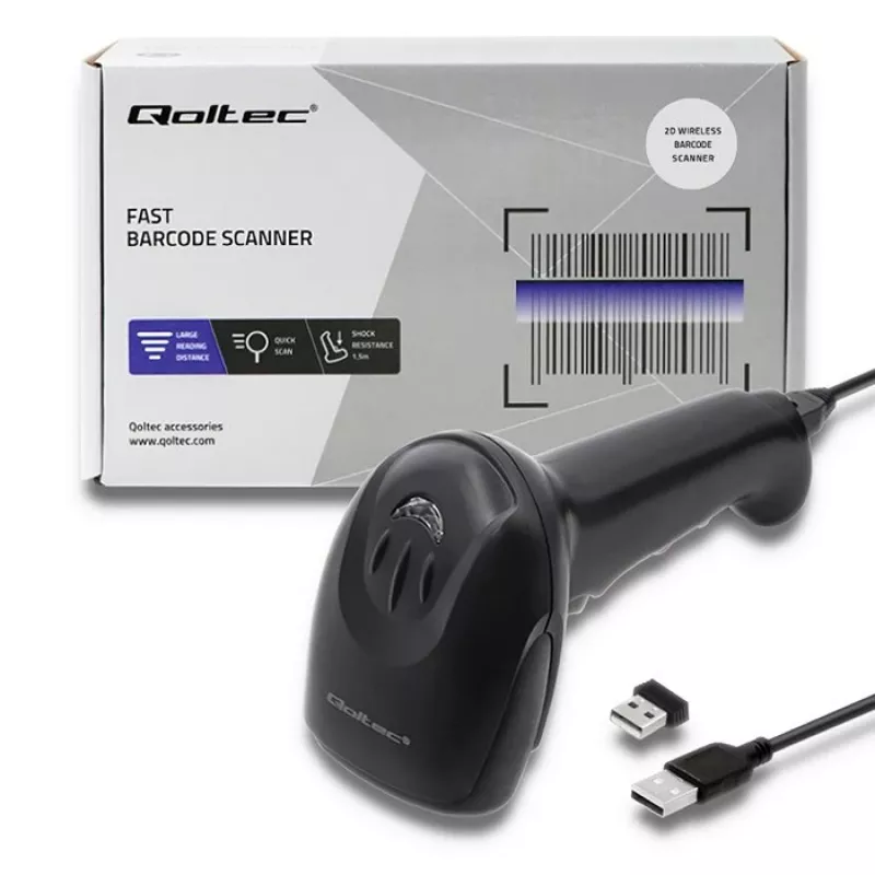 Hand-Barcodeleser QOLTEC 50868 — 1D/2D-Laserscanner, USB kabelgebunden & kabellos, Arbeitsabstand 600 mm, schwarz