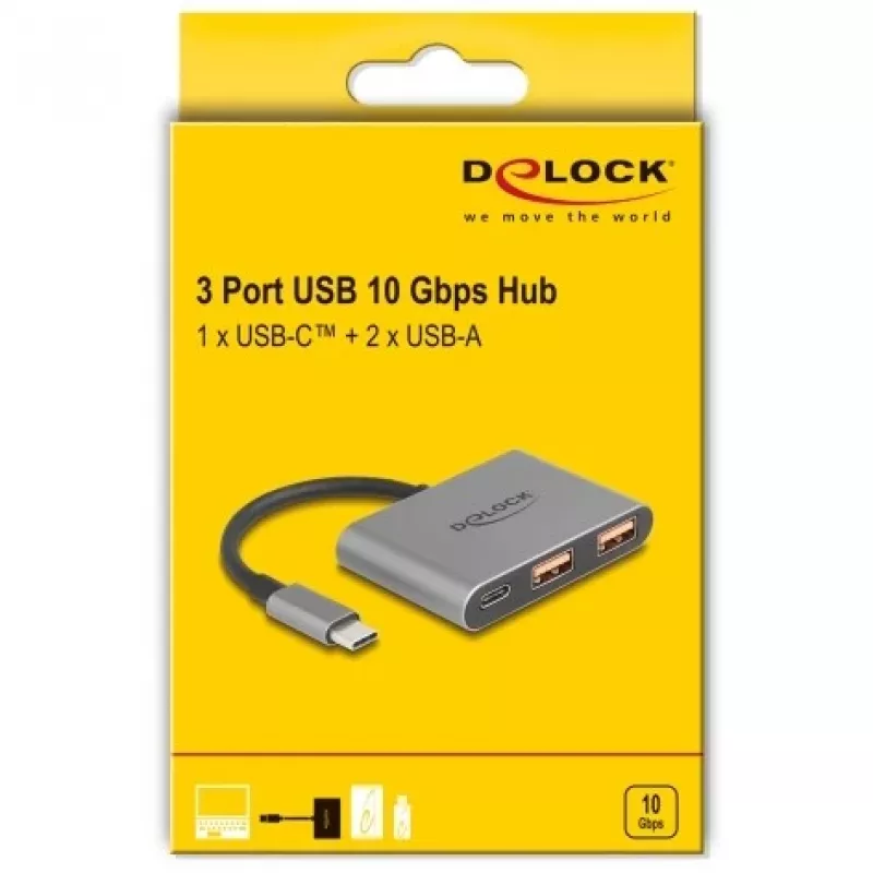USB-Hub DELOCK 64337 — USB 3.2 Gen 2 Typ-C-Host, 3 Ports (Typ-C + 2× Typ-A), 10 Gbit/s, grau, Metallgehäuse