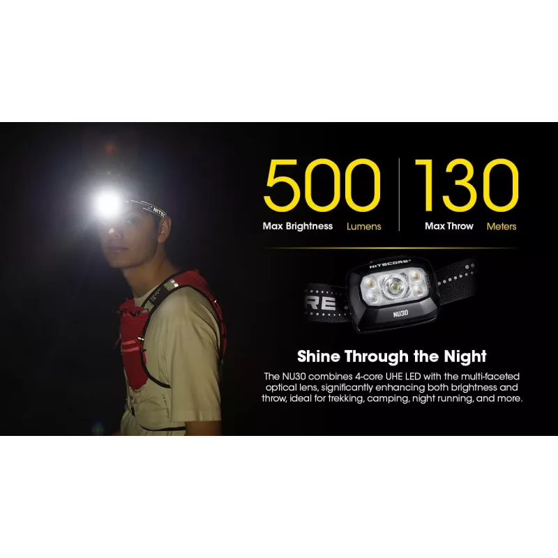 Stirnlampe Nitecore NU30 — kompakte, tragbare LED-Stirnlampe, bis zu 500 Lumen, mehrere Leistungsstufen, Rotlichtmodus