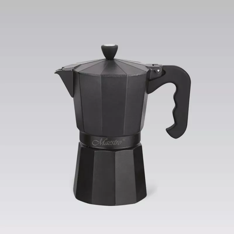 Moka-Kanne Maestro MR-1666-6-Schwarz — manuelle Espressokanne für den Herd, 6 Tassen, 300 ml, schwarzes Aluminium
