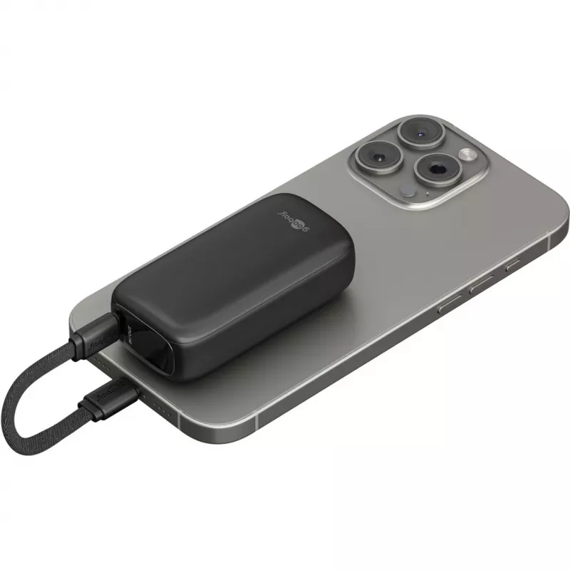 Powerbank 5.000 mAh, integriertes USB-C-Kabel 13 cm, 20 Watt (Schwarz, 5 Ah, 1x USB-A, 1x USB-C, PD, QC)