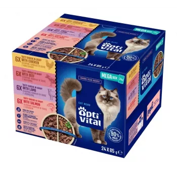 OptiVital Beutel - Alleinfuttermittel für ausgewachsene Katzen. Mit Huhn, Rind, Lamm, Lachs24x85g