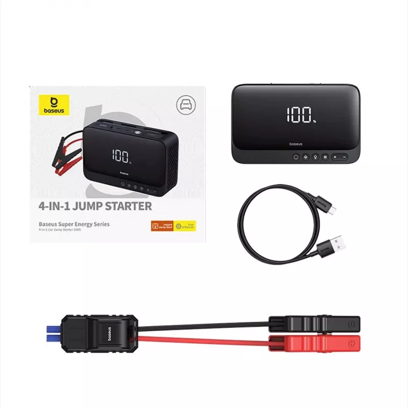 Tragbares Ladegerät Baseus Super Energy 6000 mAh – Starthilfe, LiPo 6000 mAh, 300 A Startstrom, 150 PSI, integriertes Display & Taschenlampe, USB-C + USB-A, schwarz