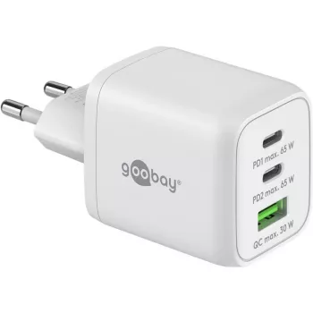 USB-C Fast Charger Nano, PD, GaN, 65 Watt (Weiß, 1x USB-A, 2x USB-C PD, Charge 3.0)
