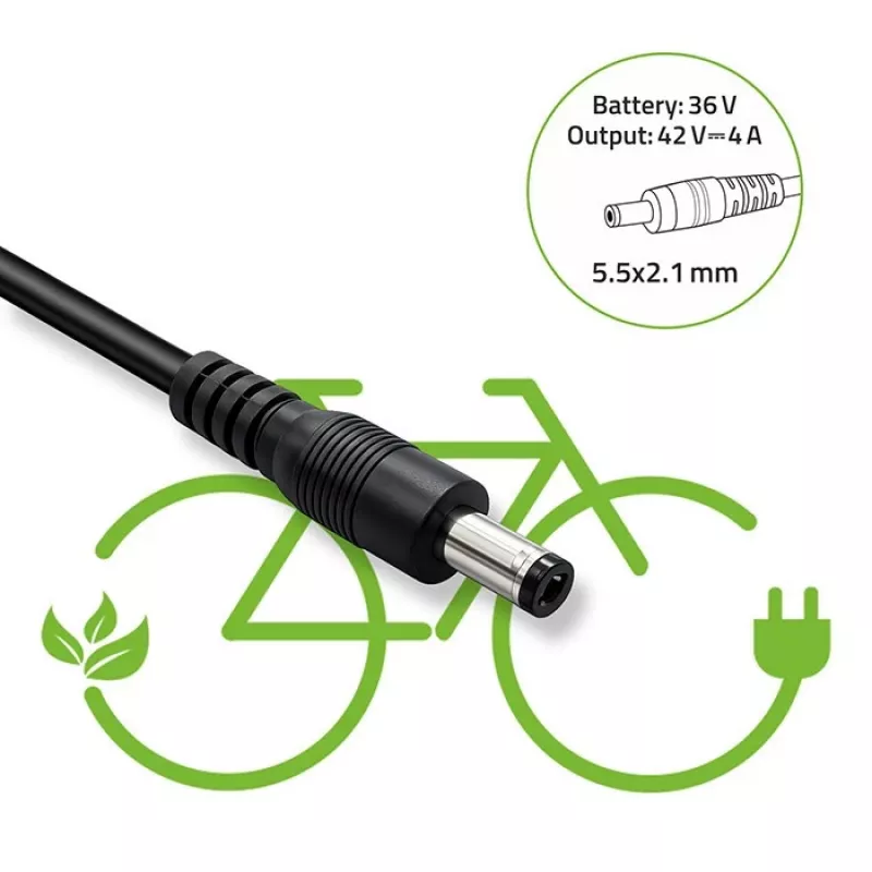 Ladegerät QOLTEC 36V–42V 4A für E-Bike, DC-Stecker 5,5×2,1 mm