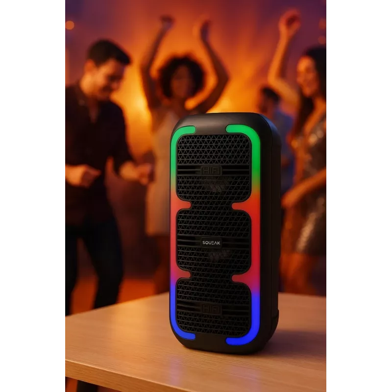 Tragbarer Stereo-Lautsprecher SQUEAK SQ1009 – Bluetooth 5.3, 45 W RMS, 10 h Akkulaufzeit, FM, USB, AUX, LED, 1800 mAh, Schwarz
