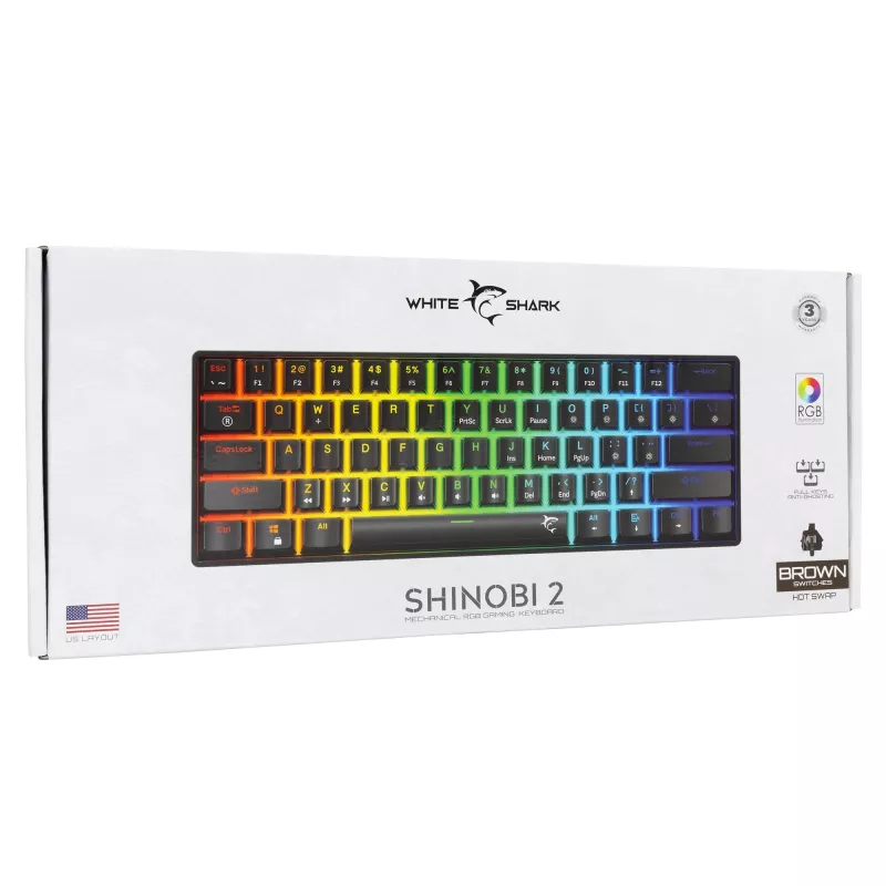 Mechanische Tastatur White Shark Shinobi-2 Schwarz US-Layout mit Brown-Switches