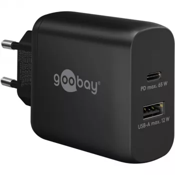 USB-C Dual-Fast Charger, PD, GaN, 65 Watt (schwarz, 1x USB-C, 1x USB-A, Power Delivery)