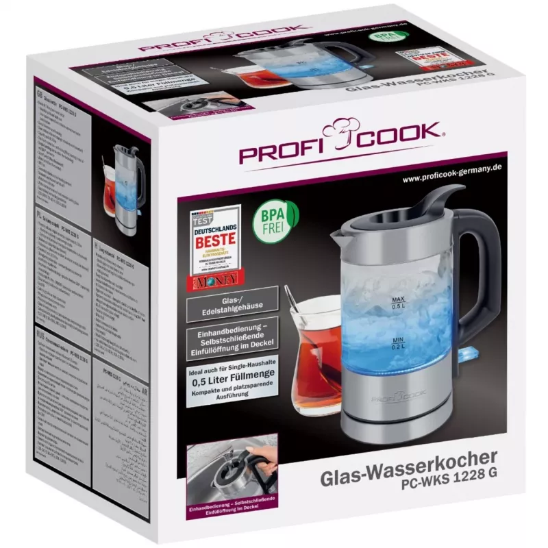 ProfiCook PC-WKS 1228 G Wasserkocher 0,5 L 1100 W Edelstahl, Transparent