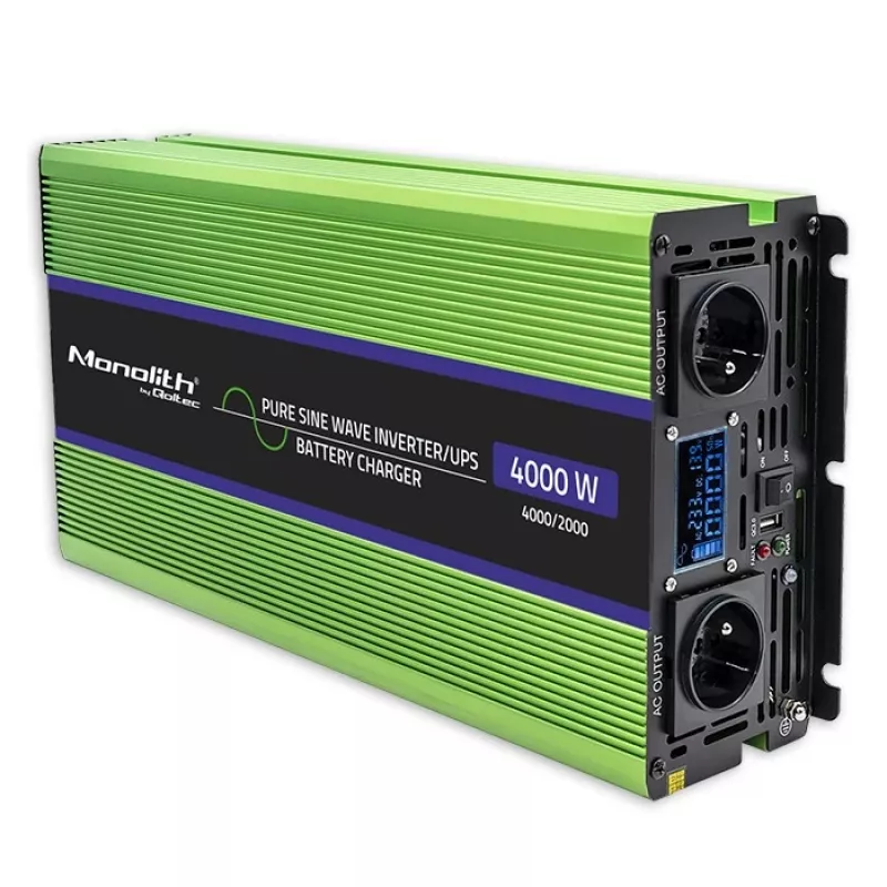 Qoltec Monolith Spannungswandler | Batterieladung | USV | 2000W | 4000W | 12V auf 230V | Reine Sinuswelle | LCD schwarz-grün