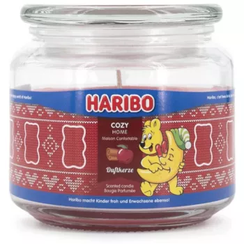 Wachskerze Haribo A2203 — rund, Apfel-Zimt-Duft, rot, 100 mm Höhe, 100 mm Durchmesser, 300 g, Glasbehälter