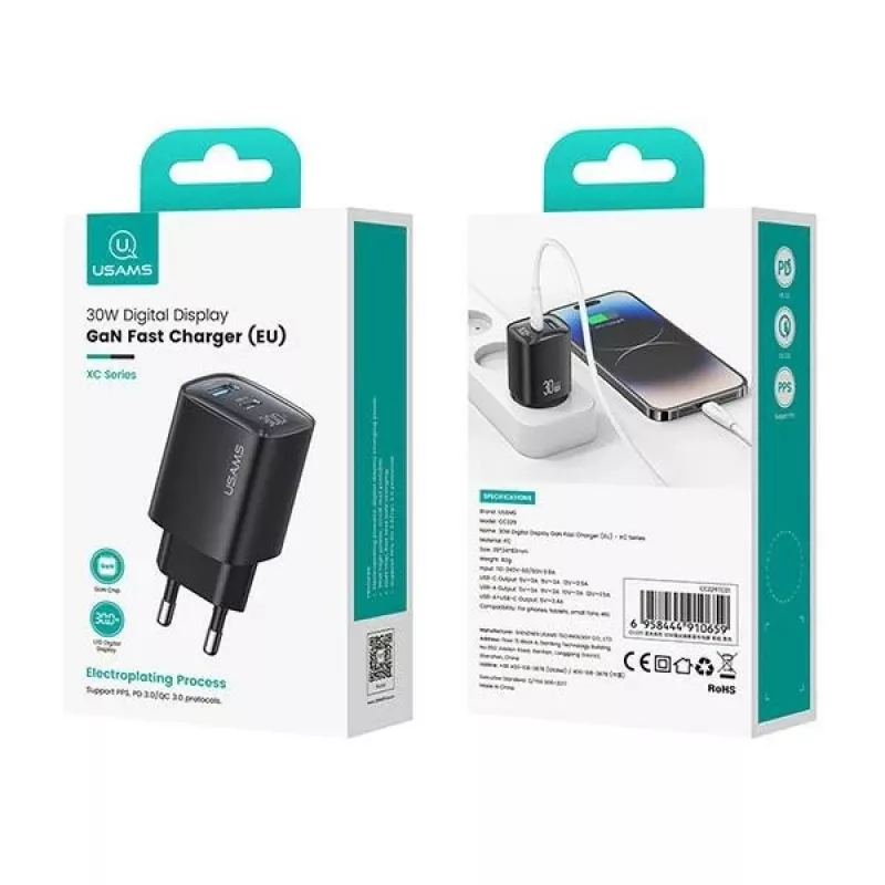Ladegerät usams CC229 30W GaN USB-C und USB LED kompaktes Reiseladegerät