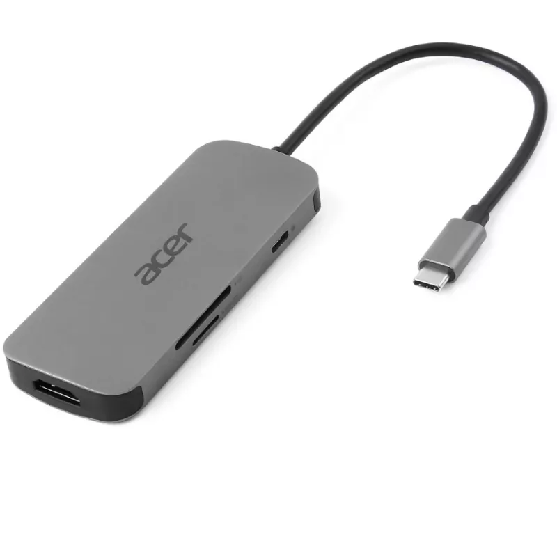 7-in-1 USB-C Dongle Acer — USB 3.2 Gen 1 Typ-C, 3x USB-A, HDMI, SD/MicroSD, 100W PD, Silber