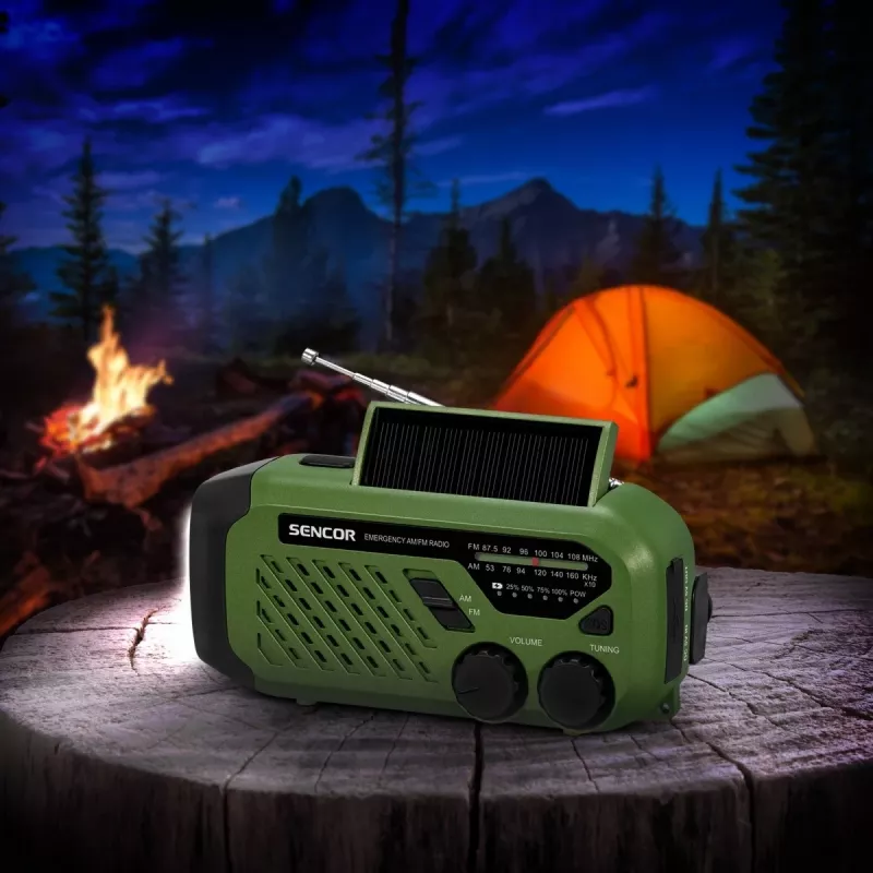 Tragbares UKW/MW-Radio SENCOR SRD1000SCLGR mit Bluetooth, Solar-/Kurbel-/USB-C-Ladung, 2000-mAh-Akku, IPX4, LED-Leuchten
