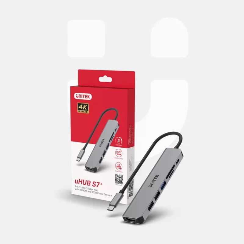 USB-C Hub Unitek 7in1 Aluminium PD 100W 5 Gbps — Multiport-Adapter mit Power Delivery