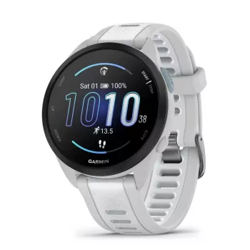 Smartwatch GARMIN Forerunner 165 — GPS, AMOLED 1,2 Zoll, 4 GB, 5 ATM, 11 Tage Akku, Graues Gehäuse, Weißes Armband