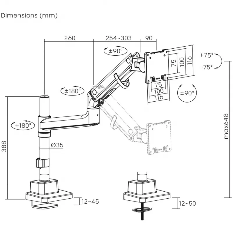 Monitorhalterung DIGITUS Single, Klemme, max. 57 Zoll, 27 kg Kapazität, VESA 75x75–100x100, höhenverstellbar, neigbar -75° bis 75°, schwarz