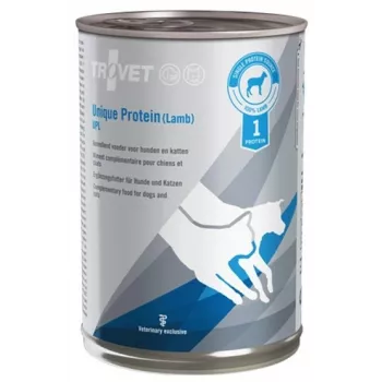 Nasse Einzelprotein-Veterinärdiät TROVET Unique Protein UPL Lamm 400 g — Lammgeschmack, 82 % Feuchtigkeit, 8,5 % Protein, 5 % Fett