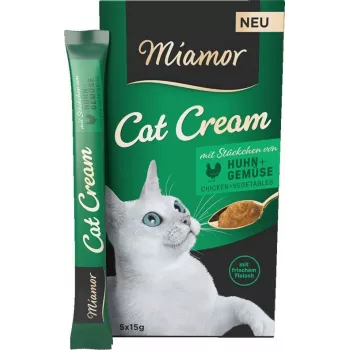 Nasses Katzenleckerli Miamor Cat Cream Huhn mit Gemüse, Pastentuben 5×15 g, glutenfrei, zuckerfrei