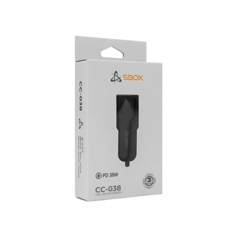 Kfz-Ladegerät SBOX CC-038 38W Schwarz — Dual-USB-Netzteil für Fahrzeuge