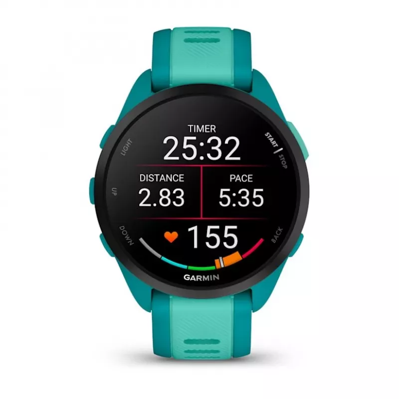 Smartwatch GARMIN Forerunner 165 Music — 43 mm Polymergehäuse, 1,2 Zoll AMOLED, 4 GB, GPS/GLONASS/Galileo, 5 ATM
