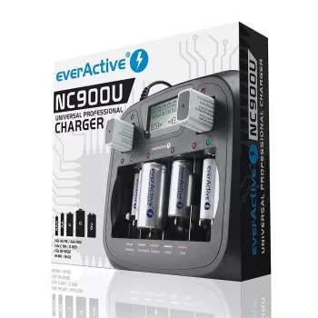 Batterieladegerät everActive NC-900U Universal DC — lädt AA, AAA, C, D, 9V, bis zu 6 Zellen, schwarz