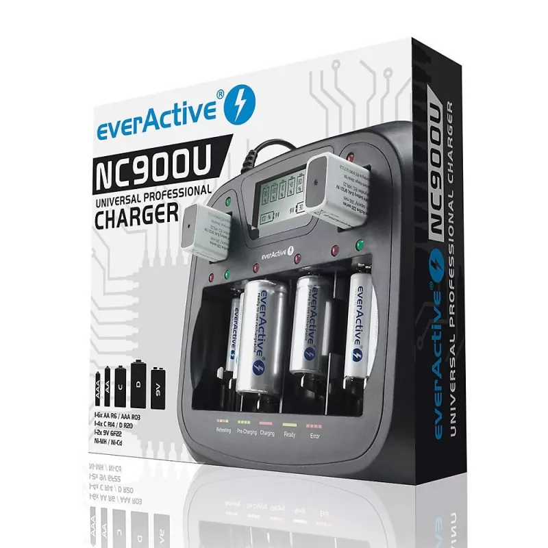 Batterieladegerät everActive NC-900U Universal DC — lädt AA, AAA, C, D, 9V, bis zu 6 Zellen, schwarz