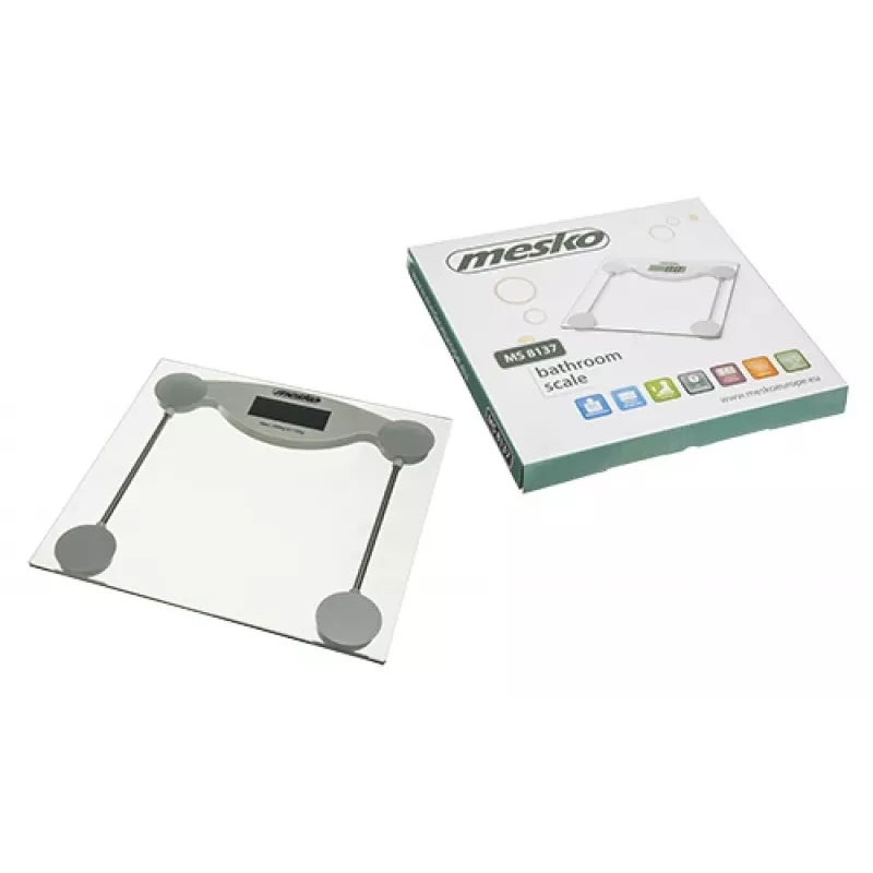 Elektronische Personenwaage Mesko MS 8137 — 150 kg Kapazität, 100 g Genauigkeit, weiß/transparent