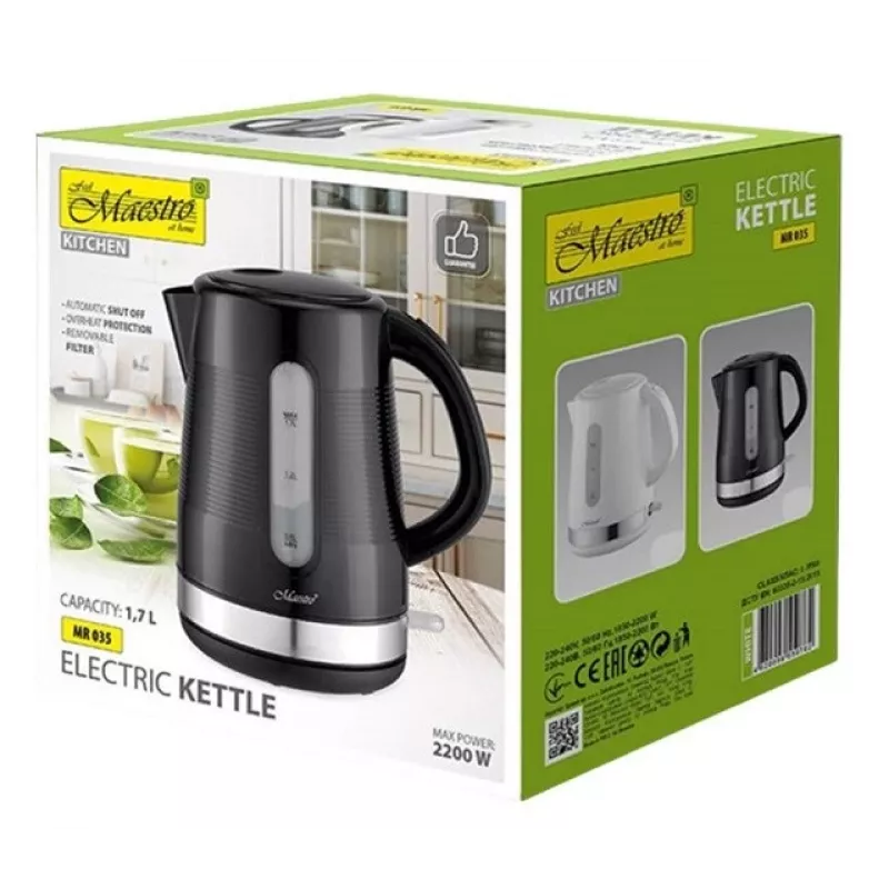 Wasserkocher Maestro 1,7 L 2200 W Schwarz — Kunststoffgehäuse, Tastendeckel, ergonomischer Griff