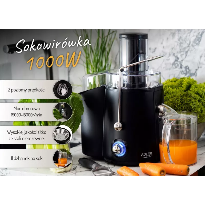 Zentrifugalentsafter Adler AD 4127 — 1000 W, schwarz, Saftbehälter, 3,9 kg
