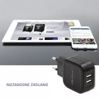 AC Indoor Charger QOLTEC 50186 for Smartphone and Tablet, 5 V 3.4 A, 17 W, 2× USB, Schwarz