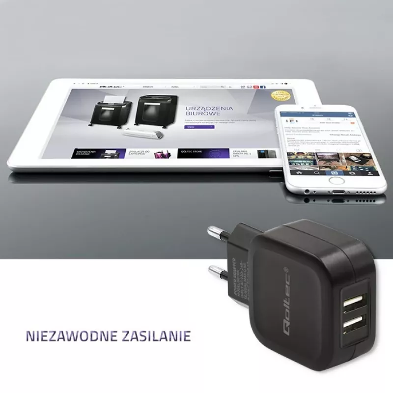 AC Indoor Charger QOLTEC 50186 for Smartphone and Tablet, 5 V 3.4 A, 17 W, 2× USB, Schwarz
