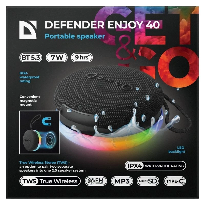 Tragbarer Bluetooth-Lautsprecher DEFENDER ENJOY 40 — 7 W RMS, Bluetooth 5.3, LED-Beleuchtung, LiPo-Akku, 9 h, schwarz