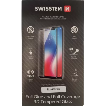 Gehärteter 3D-Full-Glue-Displayschutz SWISSTEN für iPhone X/XS — schwarz, vollflächiges Glas