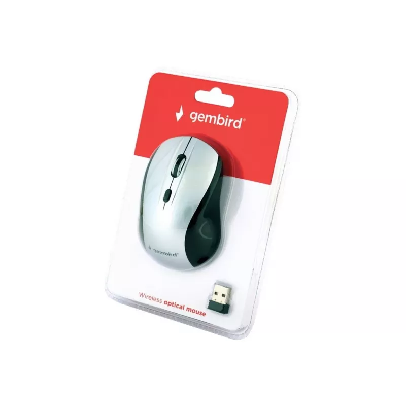 Kabellose optische Maus Gembird MUSW-4B-02-BS, RF, beidhändig, 1600 DPI, 4 Tasten, Silber/Schwarz