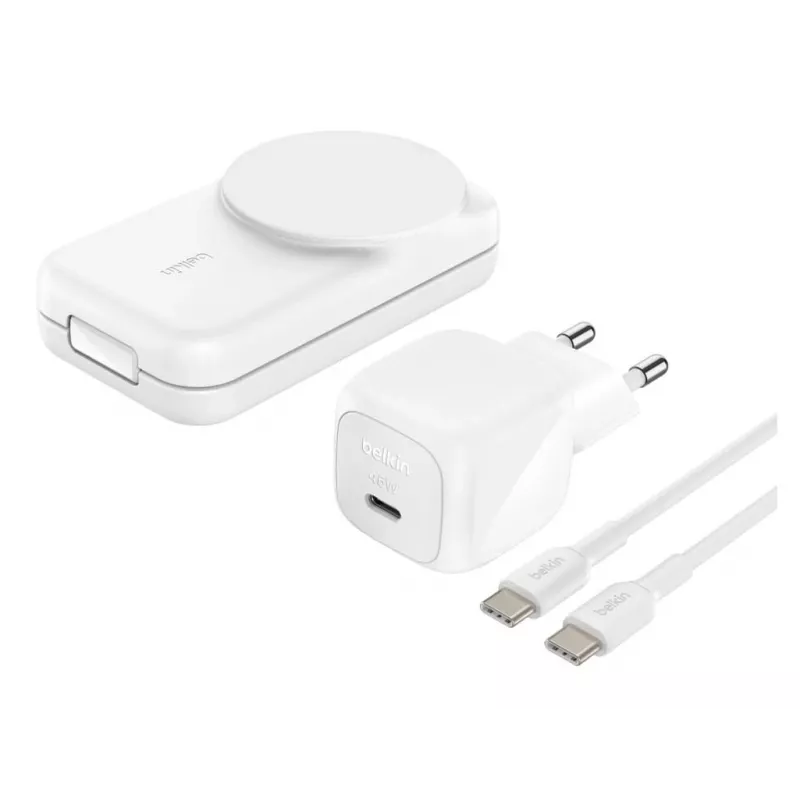 Indoor-Ladegerät Belkin UltraCharge 25W Qi2 3-in-1 Magnetisches Ladegerät EU Weiß Quadratisch