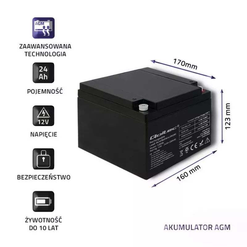 Qoltec 53036 AGM-Batterie | 12V | 24Ah | max 360A