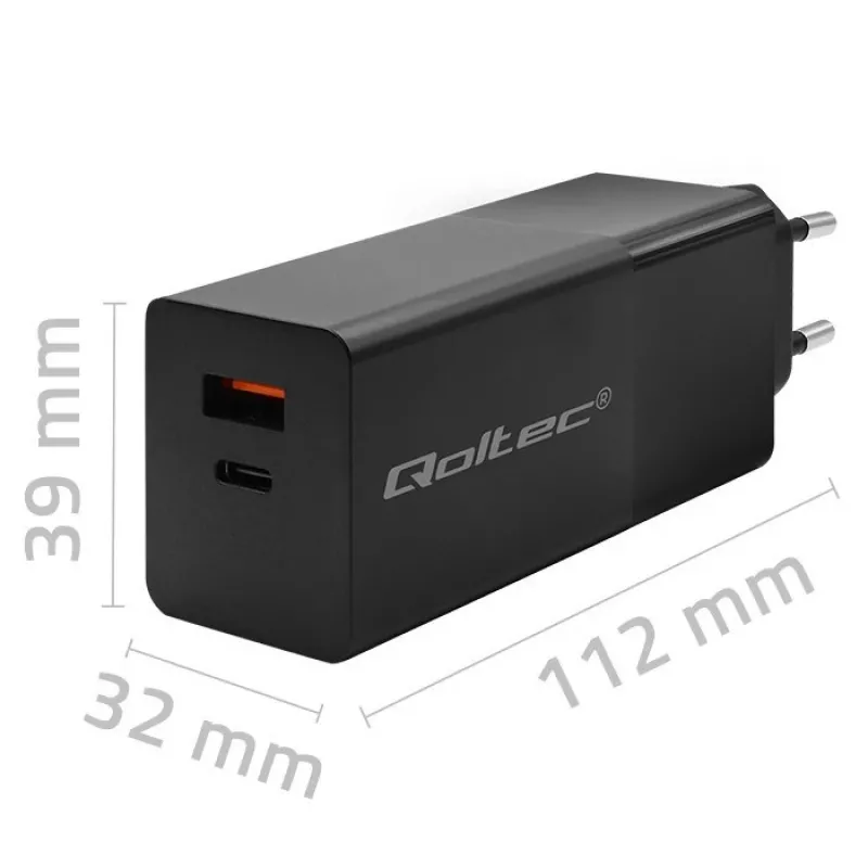 Qoltec 52382 GaN POWER PRO Ladegerät | 1xUSB Typ C | 1xUSB A | 100W | 5-20V | 1.5-5A | PD | Schwarz