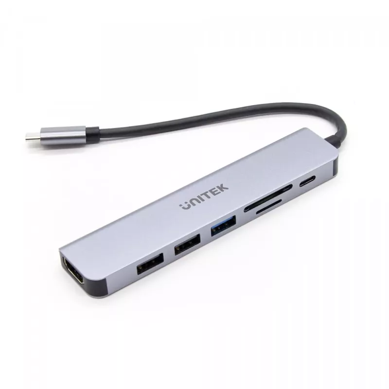 USB-C Hub Unitek 7in1 Aluminium PD 100W 5 Gbps — Multiport-Adapter mit Power Delivery
