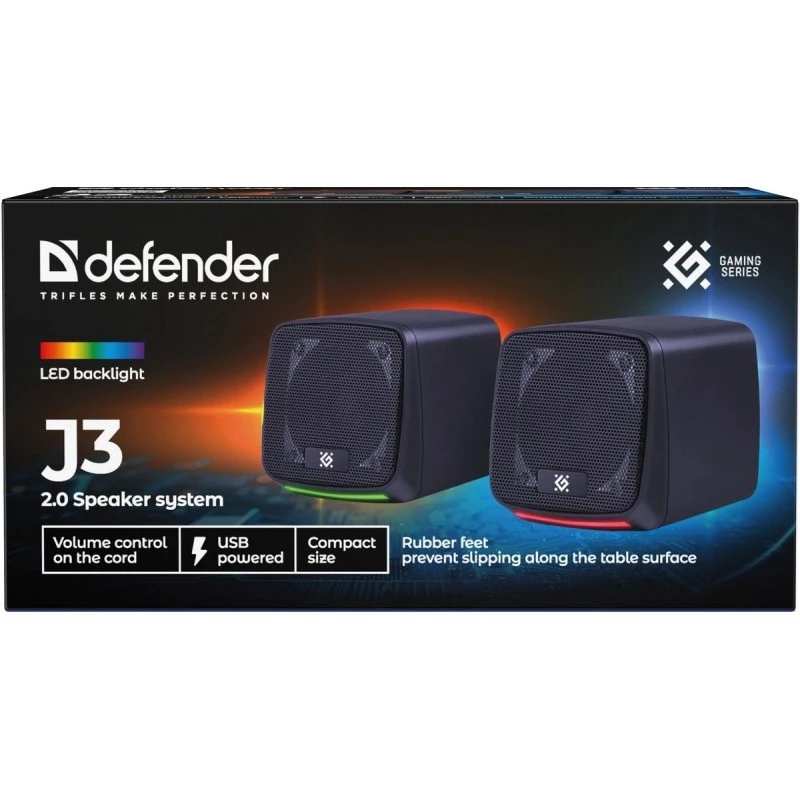 PC-Lautsprecher DEFENDER J3 2.0 6W LED USB, 2×3W RMS, 90–20000 Hz, 3,5 mm, schwarz