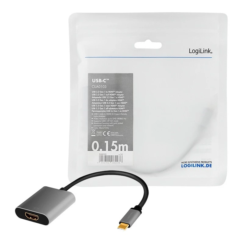 LogiLink CUA0103 USB 3.2 Gen1 Type-C-auf-HDMI-A-Kabel 0,15 m Schwarz Grau